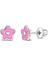 nice silver 6mm pink enamel flower shaped screw back earrings
